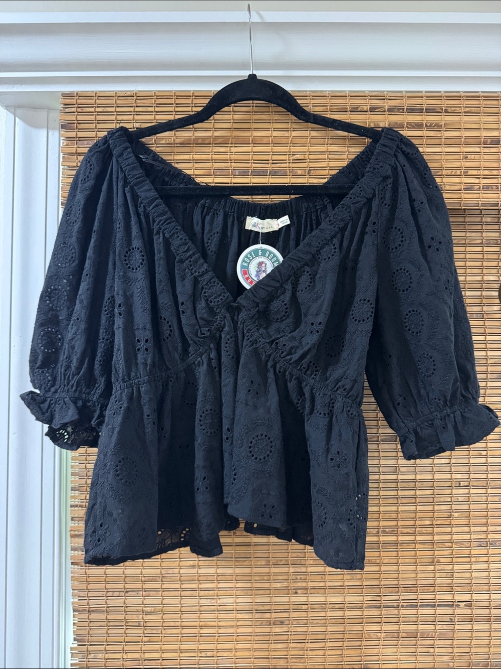 Millibon Black Eyelet Peasant Top - V-Neck Puff Sleeve Blouse